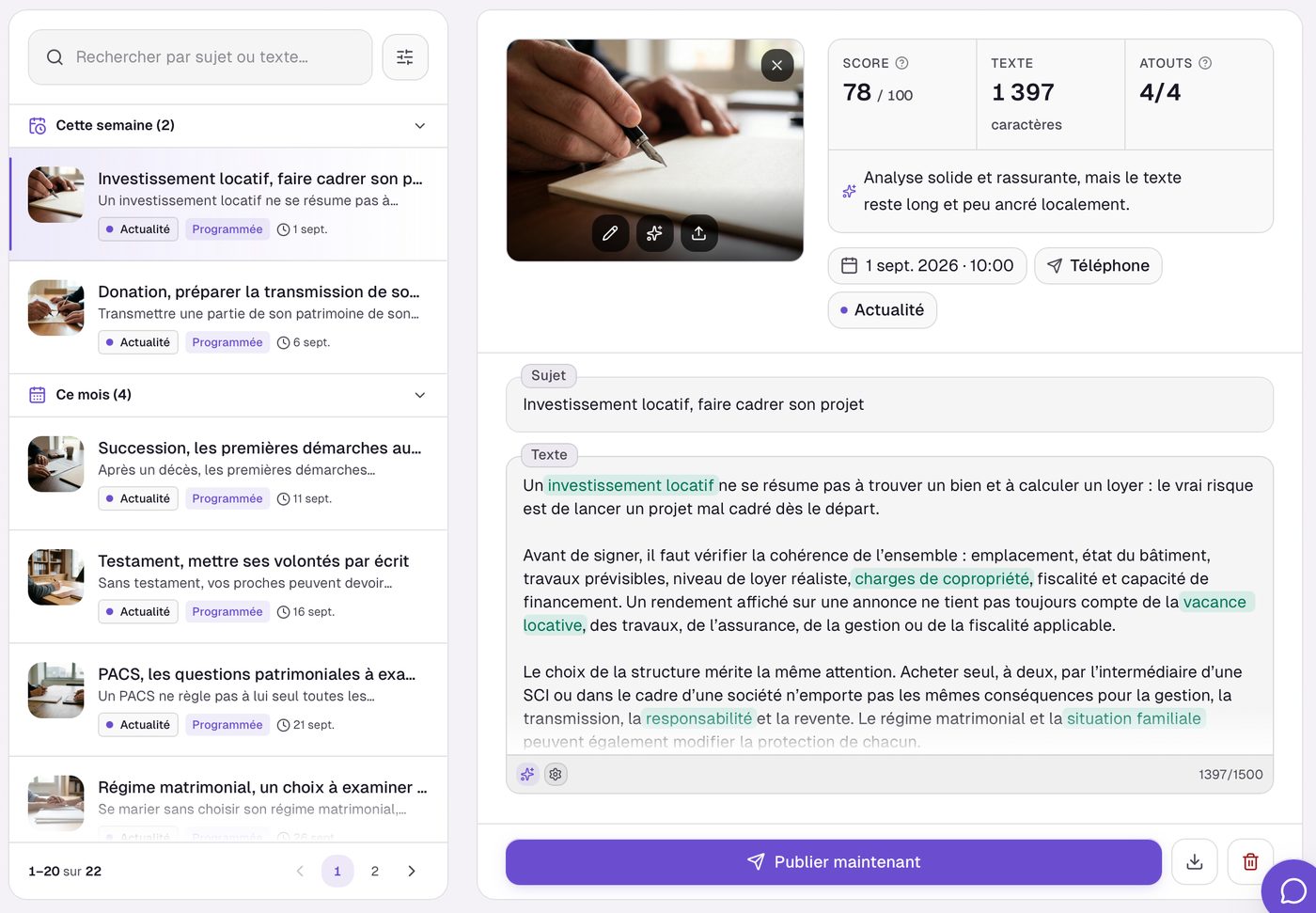 Publications programmées toute l'année : interface Localisia